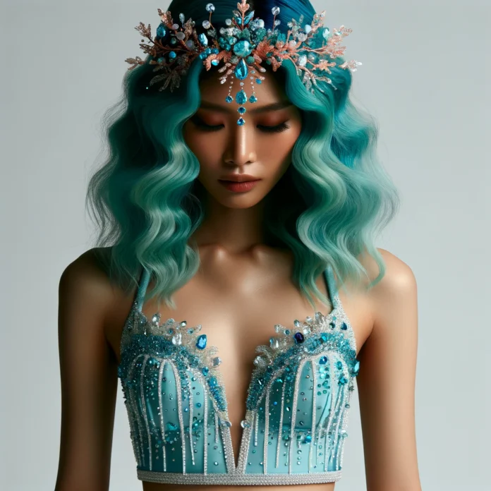 Woman with turquoise hair wearing a crystal-adorned aqua blue bikini and matching headpiece against a simple white background.