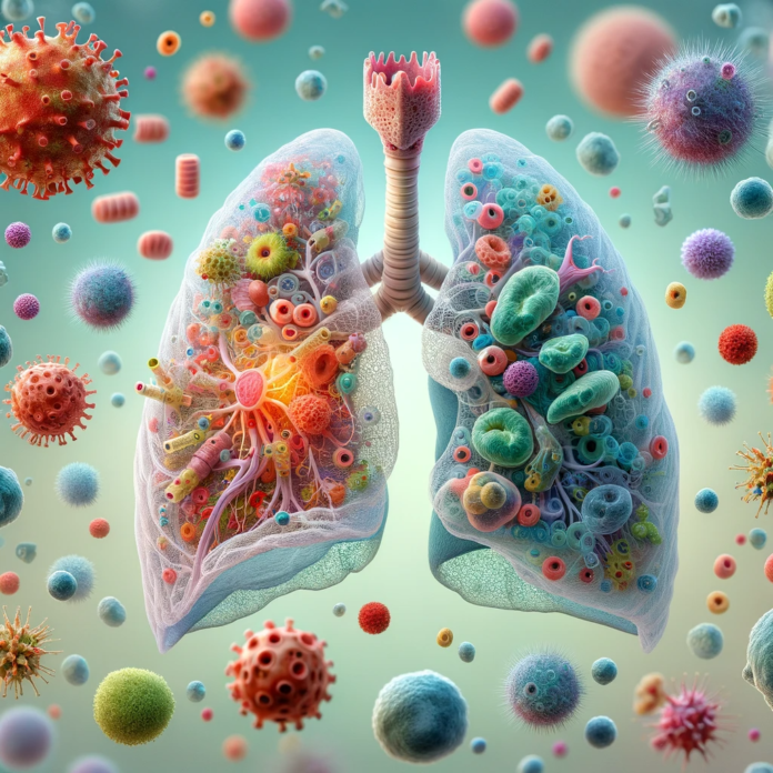 Akciğerlerin gelişiminde bağışıklık hücrelerinin rolünü gösteren temsili görsel. Bu görüntü, çeşitli bağışıklık hücreleri ile akciğer dokusu arasındaki etkileşimi sanatsal bir şekilde yakalıyor.
