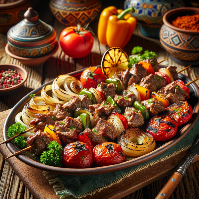 Bu görsel, geleneksel Türk yemeği olan Geleli Kebab'ı göstermektedir. Yemek, oval bir tabakta sunulmuş, aromatik baharatlarla marine edilmiş, şişlerde ızgara yapılmış yumuşak kuzu eti parçalarından oluşmaktadır. Yanında kırmızı biber, domates ve soğan gibi kızartılmış sebzeler ile servis edilen kebap, taze maydanoz ve limon dilimleriyle süslenmiştir. Arka planda geleneksel Türk seramikleri ve tekstilleri bulunan rustik bir ahşap masa üzerinde gösterilmektedir, bu da yemeğin kültürel özünü vurgulamaktadır. Görsel, sıcak ızgara görünümünü ve malzemelerin canlı renklerini yakalamaktadır.