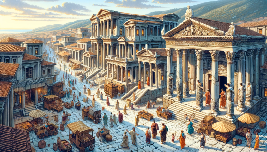 M.Ö. 5. yüzyılda Efes şehrinin görseli. Bu resim, şehrin o dönemdeki görkemini, klasik Yunan mimarisi ile birlikte, Artemis Tapınağı ve hareketli pazar yerleri gibi önemli özellikleriyle birlikte tasvir ediyor.