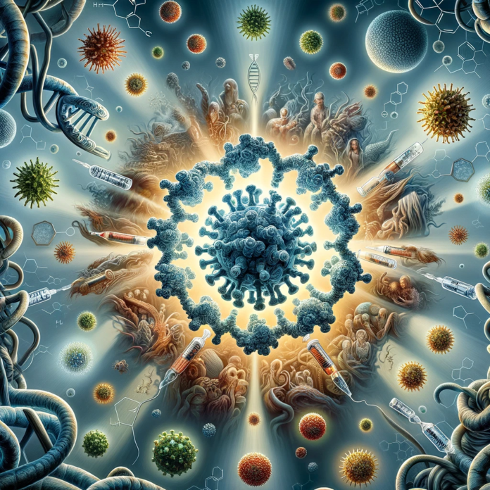 İnsan bağışıklık sisteminin RNA virüsleriyle mücadelesini ve ALDH1B1 enziminin bu süreçteki etkisini betimleyen başka bir sanatsal görsel.