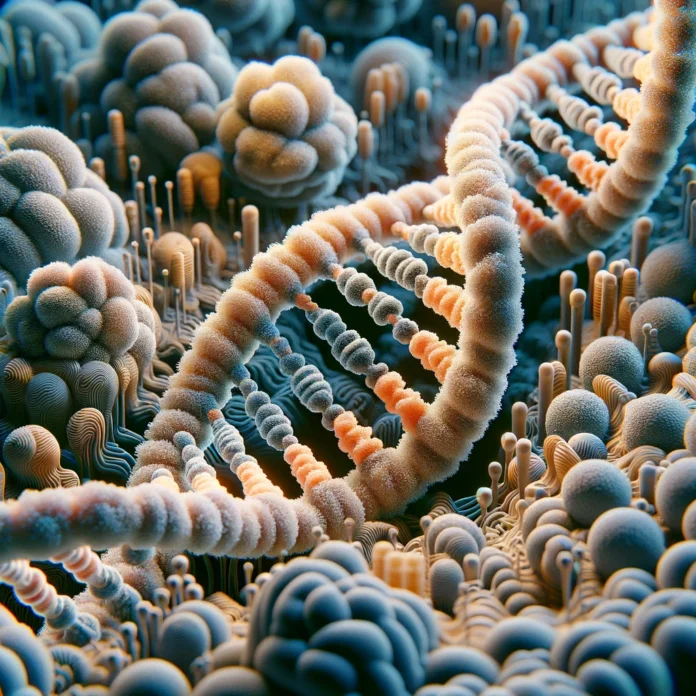 İnsan genomunun hücre çekirdeği içindeki detaylı ve gerçekçi bir görseli, DNA çift sarmal yapısını ve nükleozomları gösteren, histon proteinleriyle çevrili.